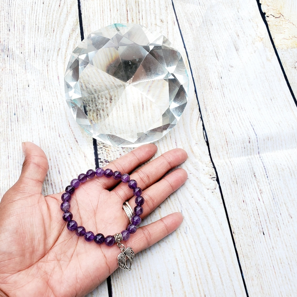 Amethyst gemstone bracelet angel wings charm